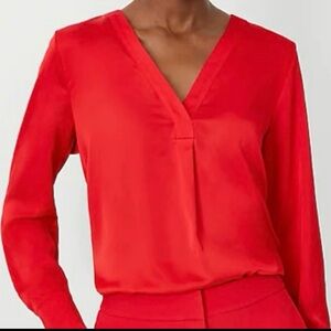 NWOT RED Pleat front v-neck Ann Taylor blouse.